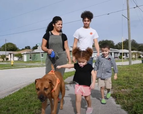 Mother with kids and dog walking on the sidewalk