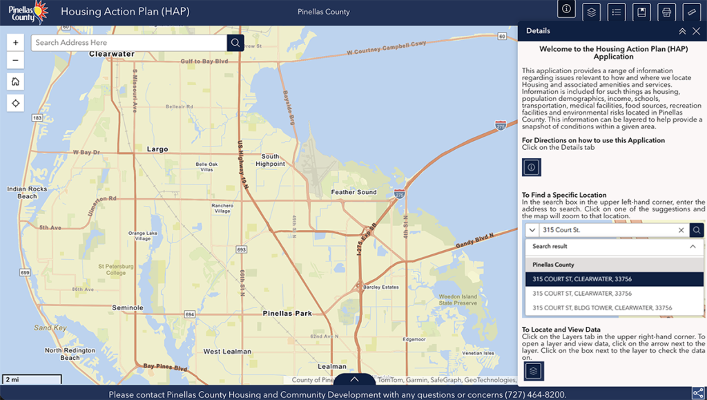 Housing Action Plan GIS App sample showing a map of Pinellas County, icons for the app, and instructions.